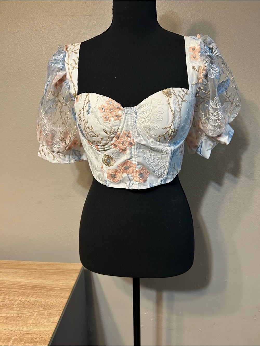 Floral Embroidered Corset Top M Sheer Puff Sleeve Coquette Cottagecore Fairycore